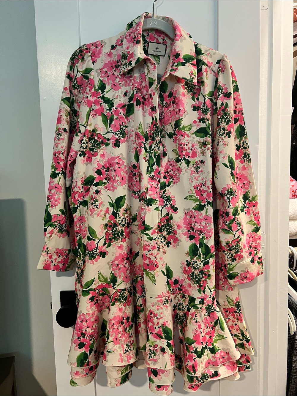 Tuckernuck Pink and Green Floral Ruffle-Hem Mini Dress - Picture 6 of 11